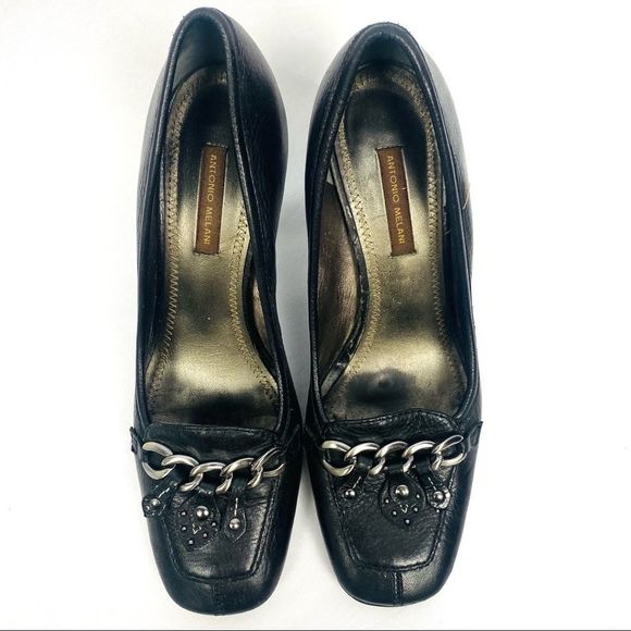 ANTONIO MELANI Black Leather Square Toe Heeled Loafers with Chain Detail - Picture 3 of 7